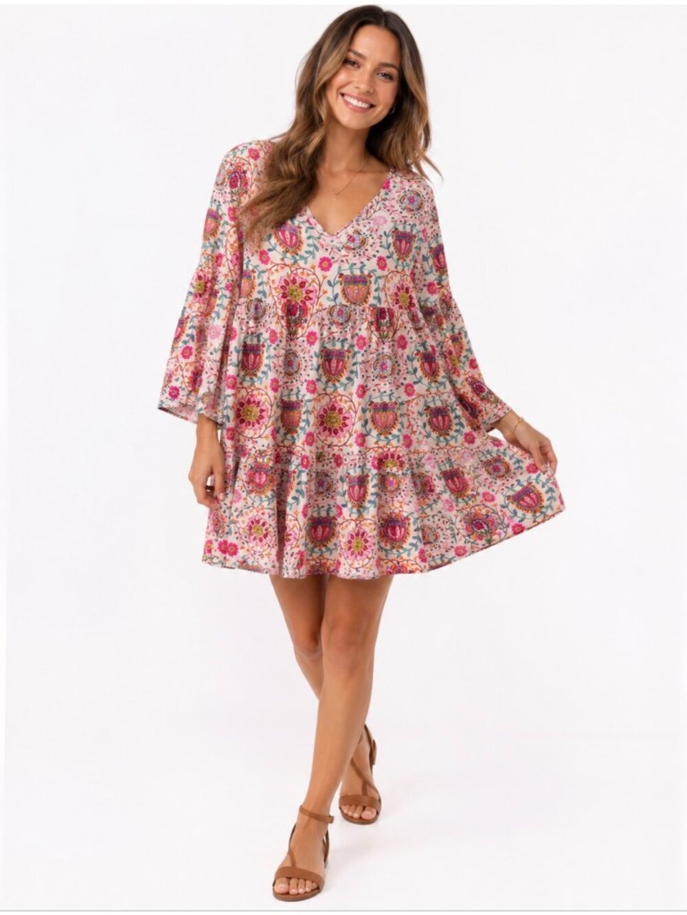 Natural Life Women’s Boho Floral Print Tiered Bell Sleeve Dress XL Multicolor
